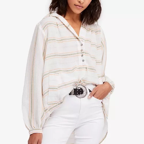 Free People Tops - Free People Rolling Clouds 100% Cotton Hooded Blouse Ivory Cream Striped